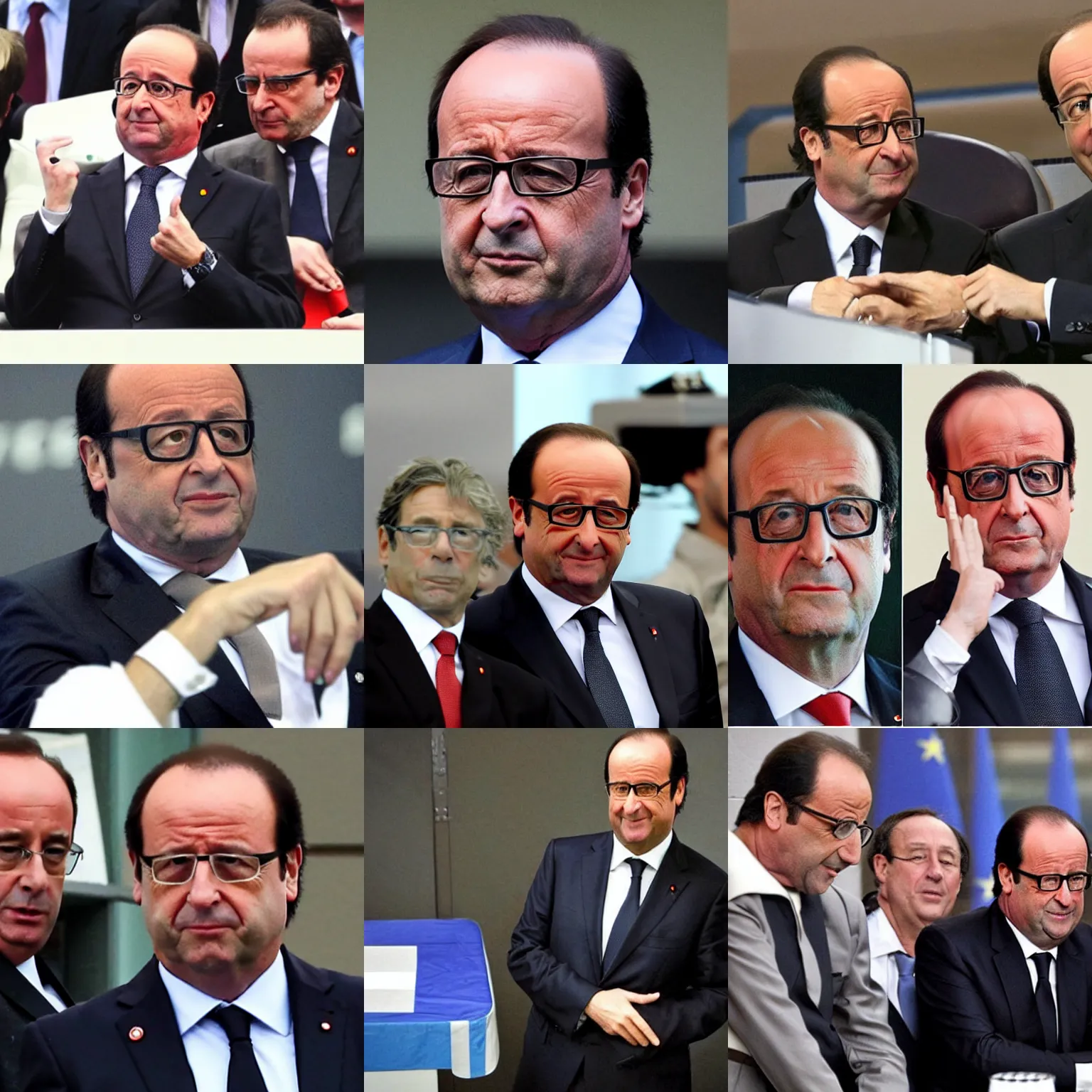 Prompt: Former french president François Hollande doing that dumb stupid face he's known for, in the world of Metal Gear Solid revengeance