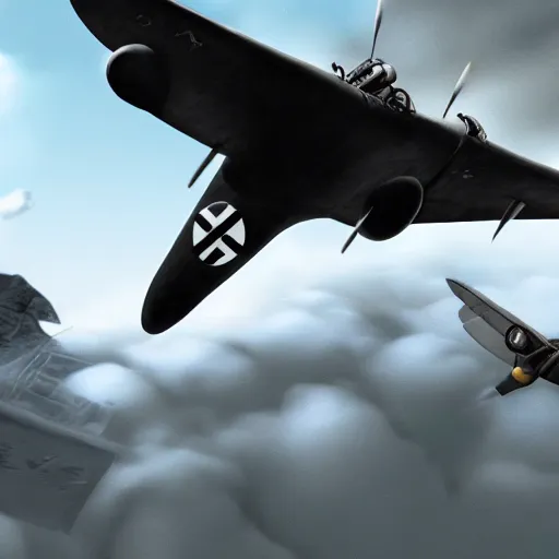 Image similar to a detailed matte painting of a pteridactal flying with nazi messerchmitts in a bombing raid, 8 k, artstation, art in a noir crime novel style