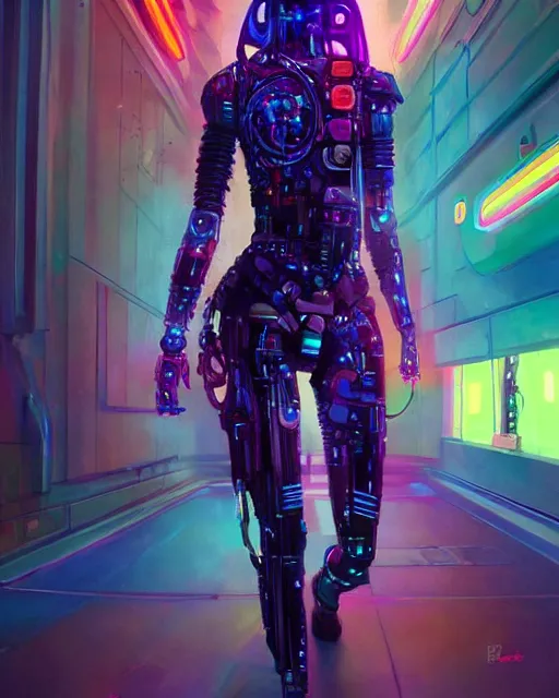 Image similar to colorful full body portrait of a cybernetic hippie, set in the future 2 1 5 0 | highly detailed | very intricate | symmetrical | professional model | cinematic lighting | award - winning | painted by mandy jurgens and ross tran | pan futurism, dystopian, bold psychedelic colors, cyberpunk, groovy vibe, anime aesthestic | featured on artstation