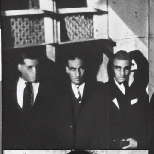 Prompt: 1930s photograph of a new-york mafia gang, staring straight at the camera, film grain, slightly blurry, highly realistic, ominous, dramatic lighting, confident poses