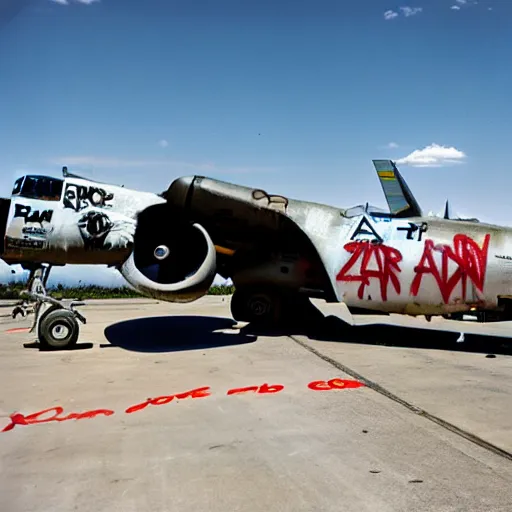 Prompt: Fairchild A-10 Thunderbolt covered in graffiti in bone yard