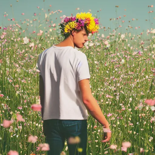 Image similar to revolog volvox photograph of a skinny blonde guy standing in a field of flowers, flower crown, back view, grain, moody lighting, telephoto, 9 0 s vibe, blurry background, vaporwave colors!, faded!,