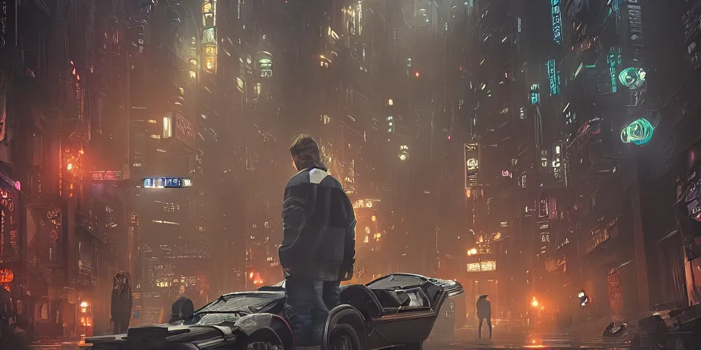 Image similar to marty mcfly, harry potter, back to the future and blade runner remake pixel, moebius, greg rutkowski, zabrocki, karlkka, jayison devadas, phuoc quan, trending on artstation, 8 k, ultra wide angle, zenith view, cyberpunk pincushion lens effect