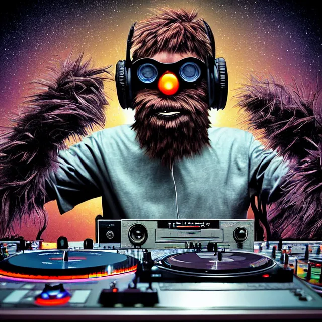 Image similar to a photograph portrait of an anthropomorphic cyberpunk bigfoot dj at the turntables spinning records, detailed render, tape deck, boombox, headphones, epic composition, cybernetics, 4 k realistic, cryengine, realistic shaded lighting, sharp focus, masterpiece, by matteo scalera, gary montalbano, peter elson in the style of the tokyo ghost comic