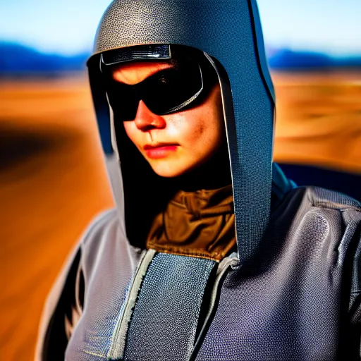 Image similar to photograph of a techwear woman, closeup, on a desert road with a futuristic city in the horizon, sigma 85mm f/1.4, 4k, depth of field, high resolution, 4k, 8k, hd, full color