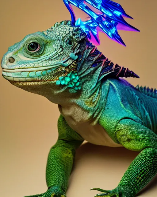 Prompt: natural light, soft focus portrait of a cyberpunk anthropomorphic iguana with soft synthetic pink skin, blue bioluminescent plastics, smooth shiny metal, elaborate ornate head piece, piercings, skin textures, by annie leibovitz, paul lehr