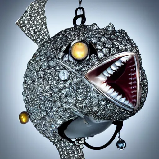 Image similar to A diamond encrusted killer anglerfish with jeweled teeth, dangling a light in front of it, the light is a dollar sign