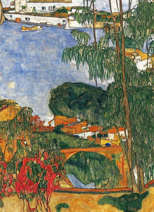 Prompt: tied bridge on local river, 3 boat in river, 2 number house near a lot of palm and eucalyptus and bougainvillea, summer, painting by egon schiele