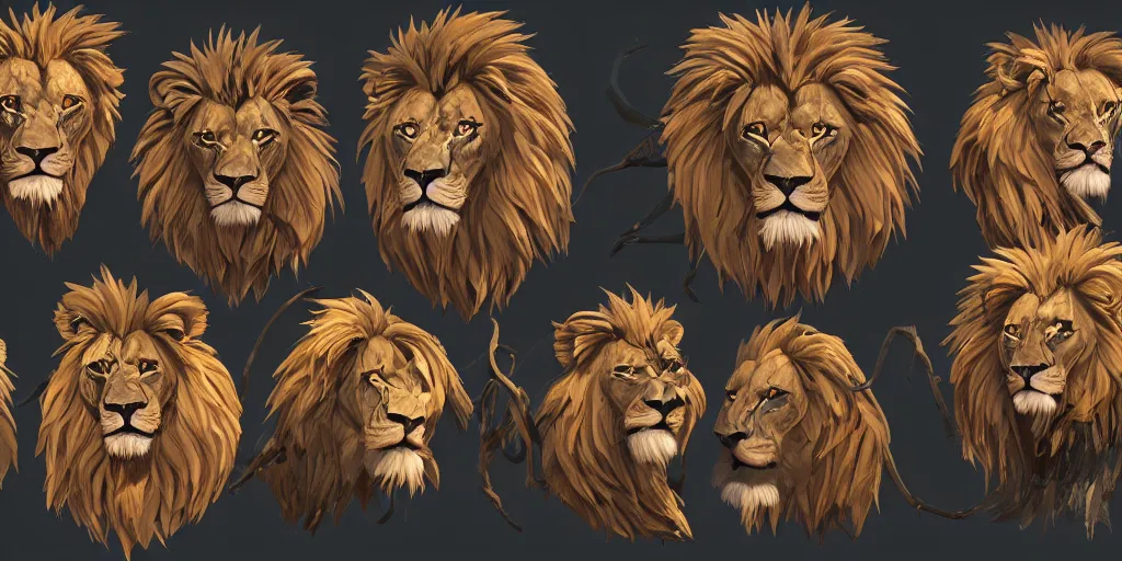 Prompt: game asset of unique lion heads on black background, organic, in gouache detailed paintings, props, stylized, 2 d sprites, kitbash, 8 k, close up