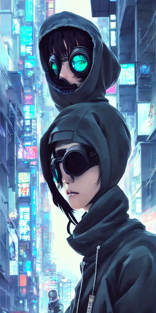 Image similar to cyberpunk anime girl in hoodie, cyberpunk gas mask, 3 / 4 shot, street night, grafity, beautiful face, grafity, arcane, action, tokyo street, detail, good face, pose model, concept art, in style of yoji shinkawa, pan ren wei, col price, atey ghailan, by greg rutkowski, aesthetic