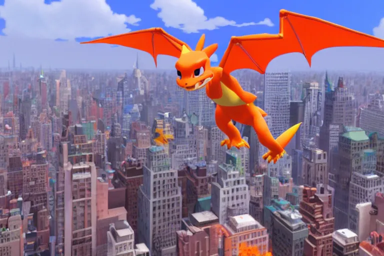 Image similar to charizard flying above new york, still from a pixar movie, high quality 3 d render, movie, pixar, renderman, 4 k, artstation