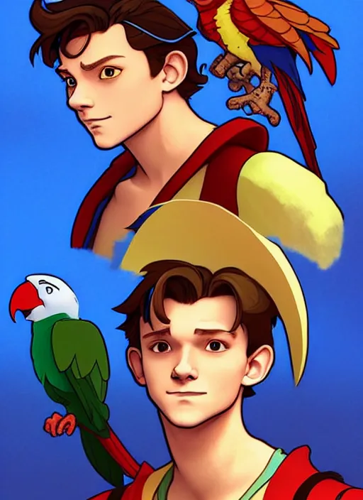 Image similar to cute tom holland as a pirate captain. parrot on his shoulder, natural lighting, path traced, highly detailed, high quality, digital painting, by don bluth and ross tran and studio ghibli and alphonse mucha, artgerm