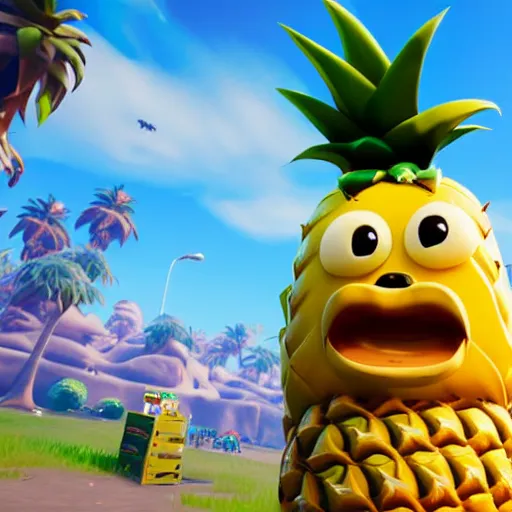 Image similar to anthropomorphic pineapple filled with beans, the bean - filled anthropomorphic pineapple is playing the video game fortnite