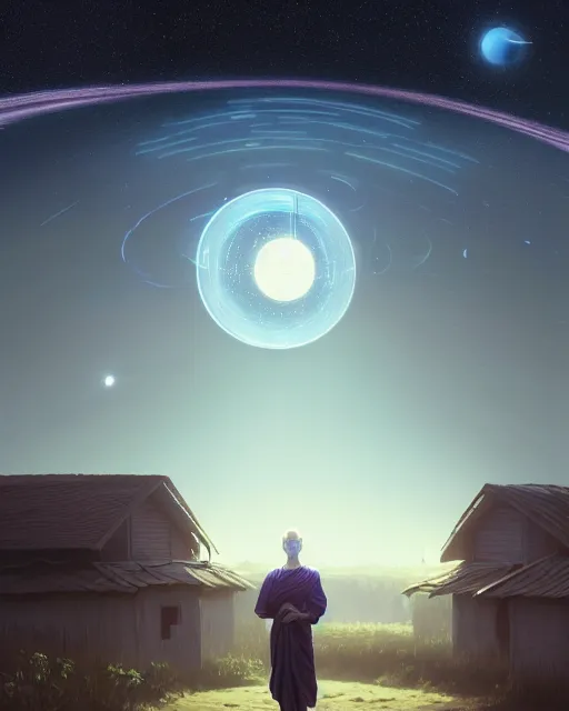 Image similar to highly detailed surreal vfx portrait of a futuristic monk in a rural farm with planets in background, stephen bliss, unreal engine, greg rutkowski, loish, rhads, beeple, makoto shinkai and lois van baarle, ilya kuvshinov, rossdraws, tom bagshaw, alphonse mucha, global illumination, detailed and intricate environment