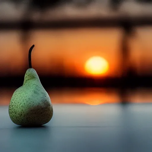 Prompt: still life photograph of a pear and glass marble at sunset, sony a7r