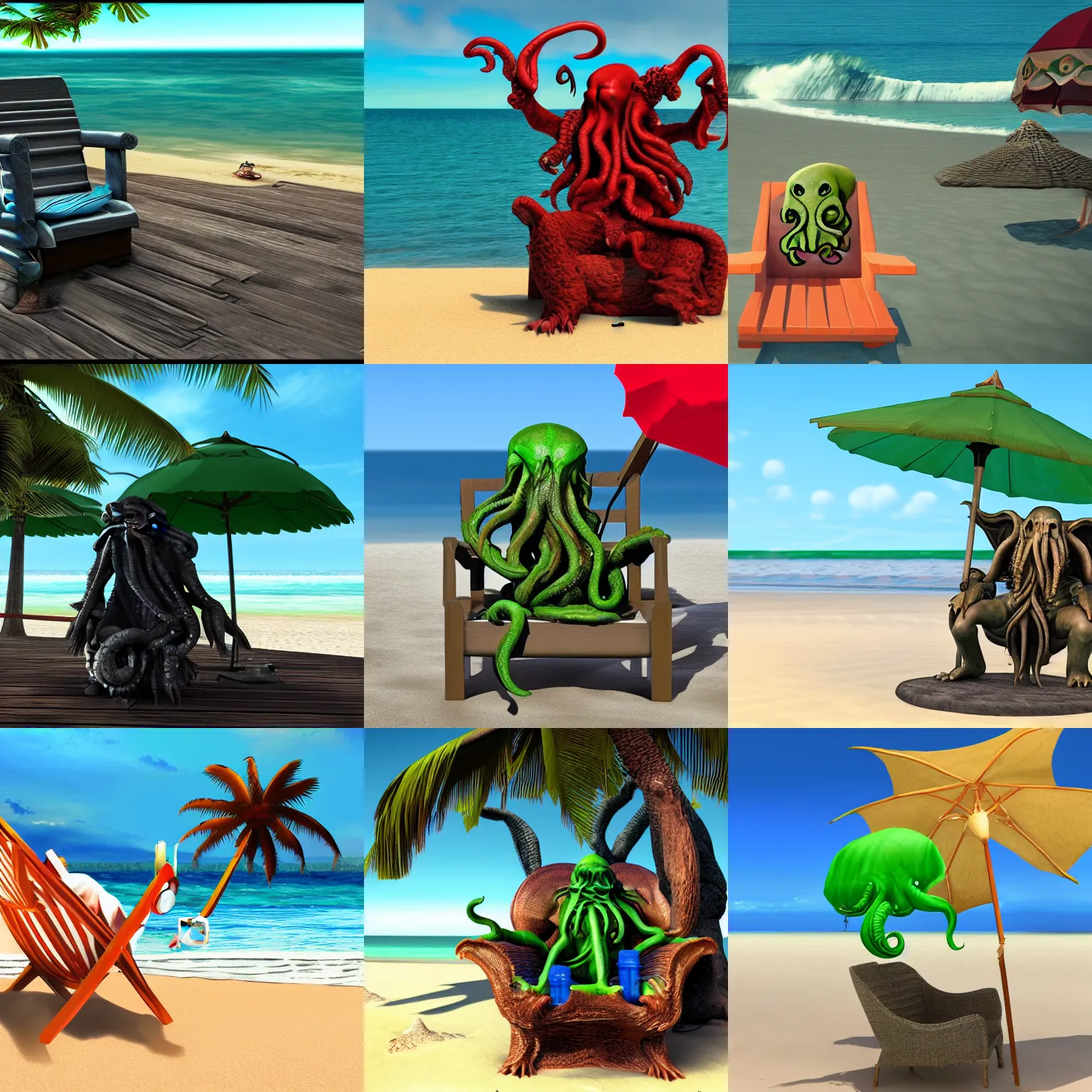 Prompt: Cthulhu sitting in beach chair, alcohol, beach, sun, ocean, realistic, unreal engine