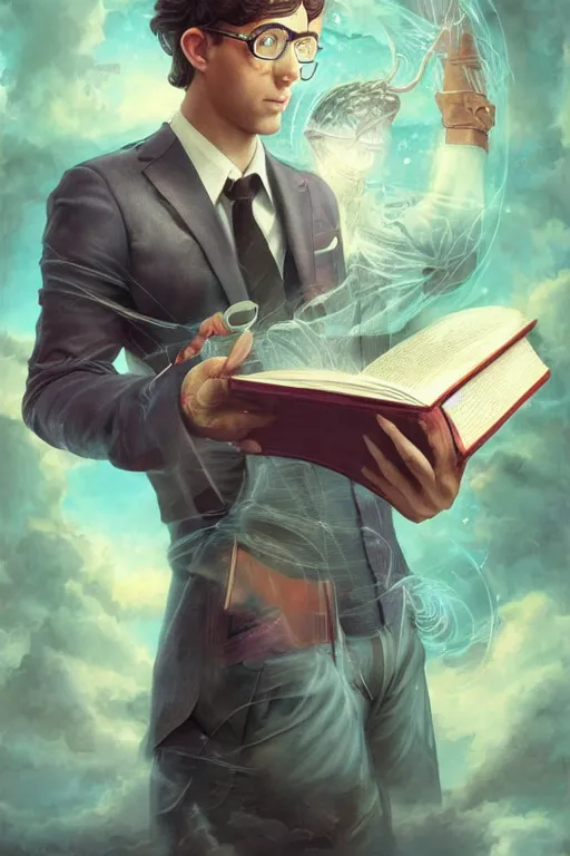 Image similar to magic nerdy guy reading a book in a cluttered messy bedroom, artgerm, tom bagshaw, gerald brom, vaporwave, vaporwave colors, perfect face, detailed face, symmetrical face,