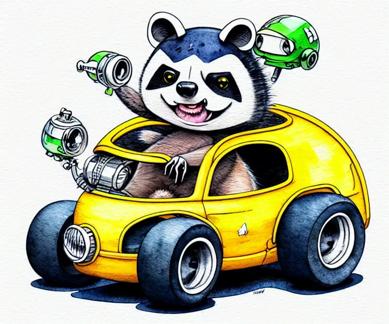 Prompt: cute and funny, racoon wearing a helmet riding in a tiny hot rod with oversized engine, ratfink style by ed roth, centered award winning watercolor pen illustration, isometric illustration by chihiro iwasaki, edited by craola, tiny details by artgerm and watercolor girl, symmetrically isometrically centered