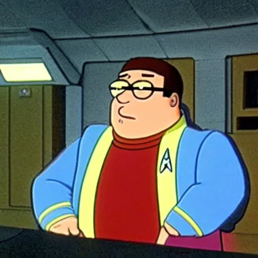 Image similar to Peter Griffin in Star Trek Next Generation, Peter Griffin becomes on with the Star Trek crew, Realistic, HDR, HDD, Real Image from Star Trek Next Generation, Real Event.