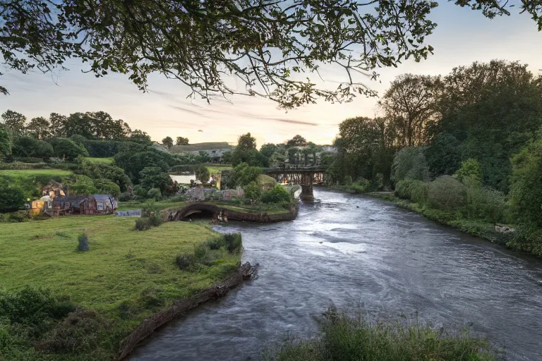 Prompt: landscape photography, realistic photo of a tudor style detached house, a river flowing through the scene, arched bridge, riverboat in the foreground, dusk