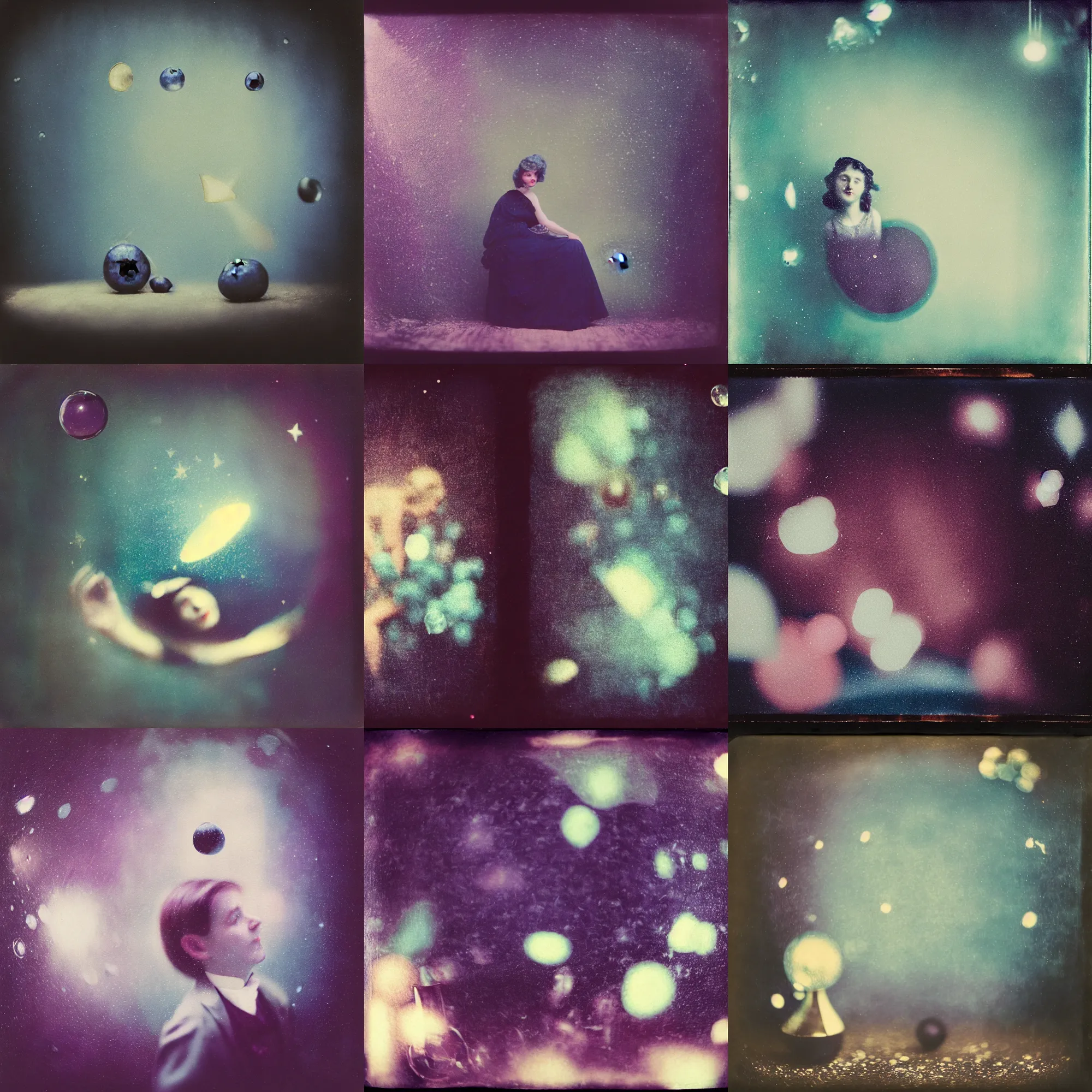 Prompt: kodak portra 4 0 0, wetplate, muted colours, blueberry, 1 8 9 0 s style, motion blur, portrait photo of a backdrop, sparkling, halfmoon in space, by georges melies and by britt marling
