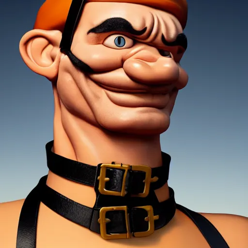 Image similar to 3 5 mm photo of popeye the sailor man wearing leather harness in the style of tom of finland, furry chest, full body, ultra high detailed, glowing lights, oil painting, unreal 5, daz, hyperrealistic, octane render, rpg portrait, dynamic lighting, fantasy art, beautiful face