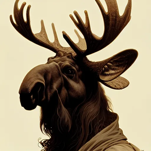 Image similar to Portrait of moose wearing an anonymous mask, fantasy, intricate, elegant, highly detailed, digital painting, artstation, concept art, smooth, sharp focus, illustration, art by Krenz Cushart and Artem Demura and alphonse mucha