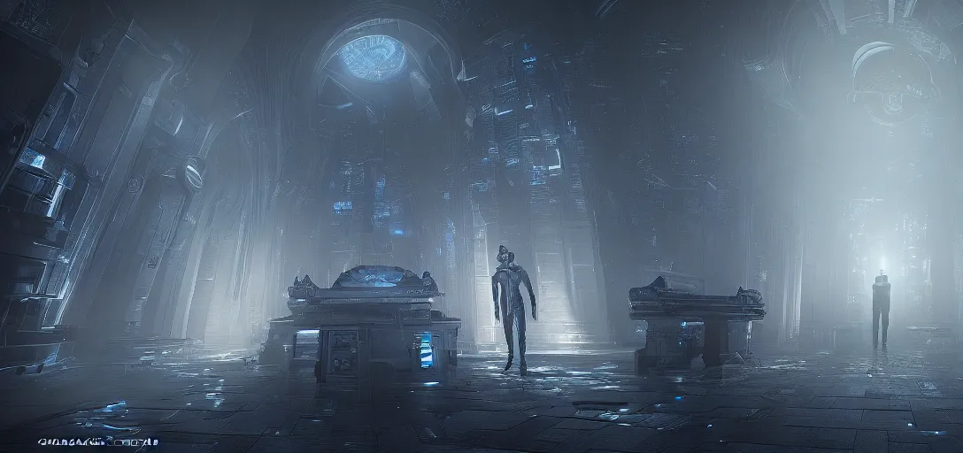 Image similar to scifi necromancer in a cyber tech mausoleum, unreal engine, octane render, realistic, cinematic post process and mist foggy, dramatic lighting, 4k detailed