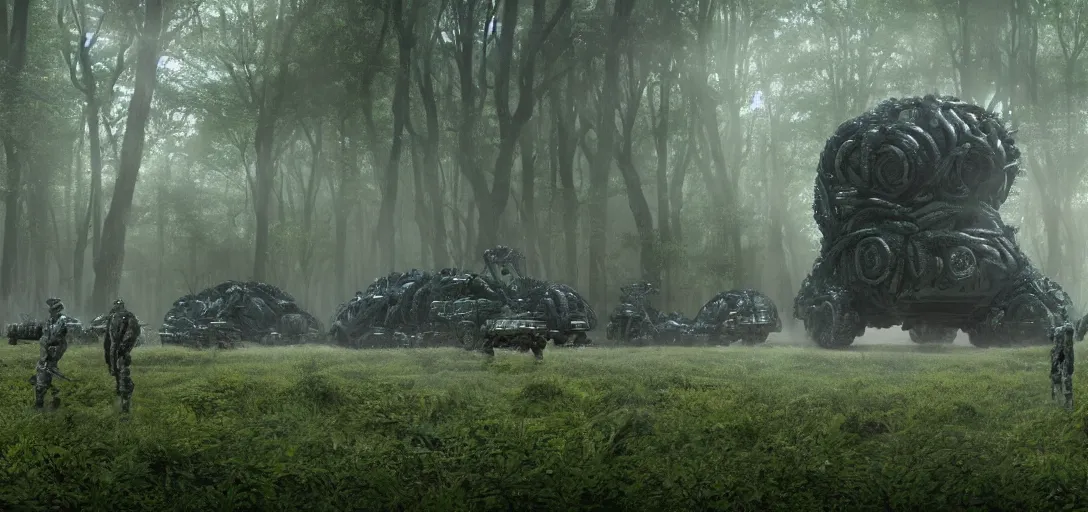 Image similar to military trucks surrounding a complex organic fractal 3 d metallic symbiotic ceramic humanoid megastructure creature in a swampy lush forest, foggy, sun rays, cinematic shot, photo still from movie by denis villeneuve, wayne barlowe