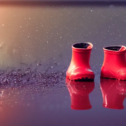 Image similar to digital art of a baby pig wearing red rainboots in a puddle, 8 k render, octane render, saturated