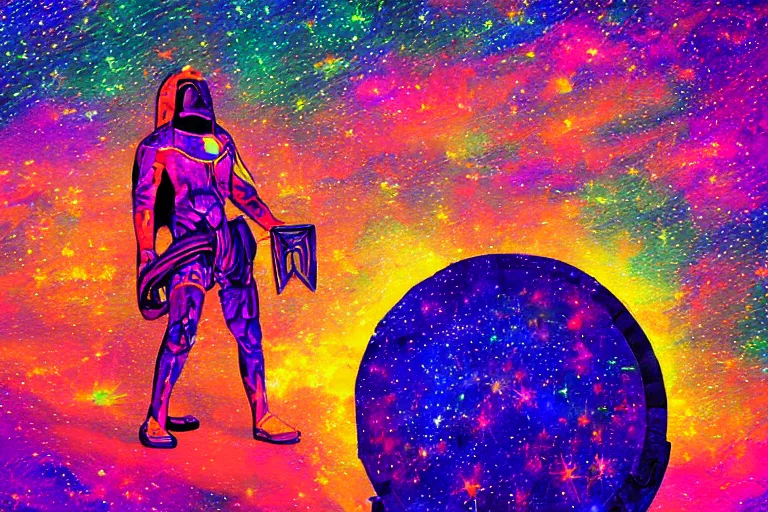 Image similar to digital art of a spiritual gladiator looking up at the stars, acrylic art, universe, painting, pastel colors, synthwave, retro, cyberpunk,