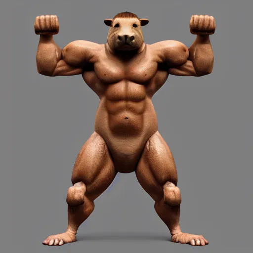 Image similar to a muscular humanoid capybara man posing and flexing his muscles, trending on artstation, centered