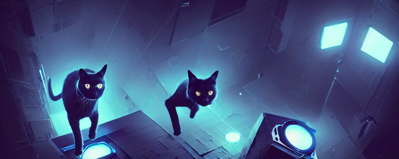 Image similar to duotone noir scifi concept dynamic concept art of 3 d mesh of cat inside box floating zero gravity glowing 3 d mesh portals, glowing eyes, octane render, surreal atmosphere, volumetric lighting. accidental renaissance. by sachin teng and sergey kolesov and ruan jia and heng z. graffiti art, scifi, fantasy, hyper detailed. trending on artstation