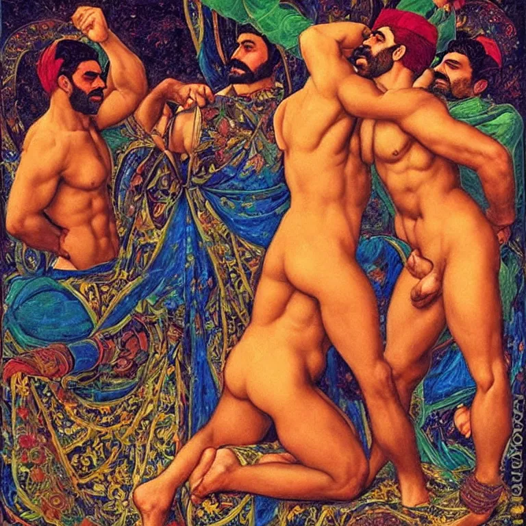 Prompt: beautiful muscular iranian persian wrestlers men with mustaches kiss with passion, seen through a kaleidoscope effect, victor nizovtsev, botticelli