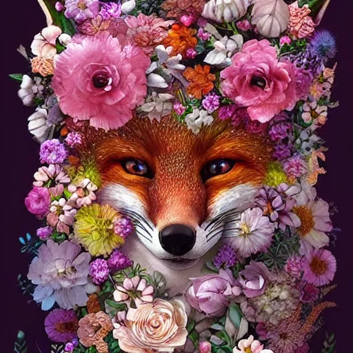 Image similar to made of flowers, made of flowers, made of flowers, fox made of flowers, fantasy art, trending on artstation, beautiful art, intricate, elegant, highly detailed, digital painting