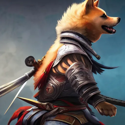 Image similar to shiba inu samurai warrior as a league of legends character, michael maurino, alex flores, paul kwon, cinematic, highly detailed, concept art, 3 d cgi, dramatic lighting, focus, smooth, heroic, hyper realistic background, in the style of league of legends, lol