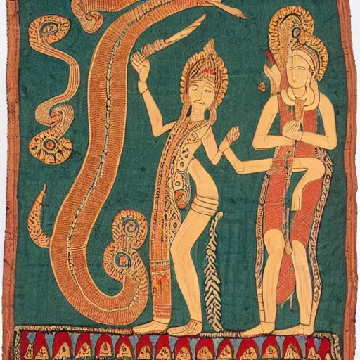 Prompt: adam, eve and the serpent, detailed, intricate embroidery, style of hindu scripts, india, 1 0 0 bc