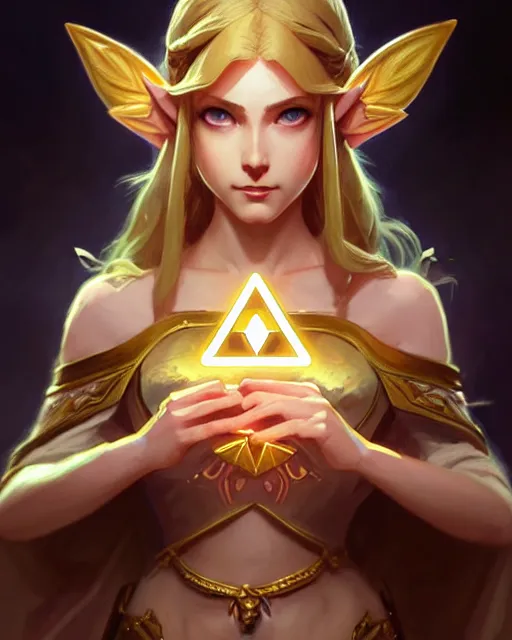 Prompt: zelda with triforce, fantasy, intricate, elegant, highly detailed, digital painting, artstation, concept art, wallpaper, smooth, sharp focus, illustration, art by artgerm and greg rutkowski and alphonse mucha and wlop