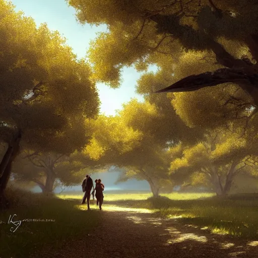 Image similar to spanish golden oriole flying in avila path between oak trees, summer mid day, 4 k, concept art, by wlop, ilya kuvshinov, artgerm, krenz cushart, greg rutkowski, pixiv. cinematic dramatic atmosphere, sharp focus, volumetric lighting, cinematic lighting, studio quality