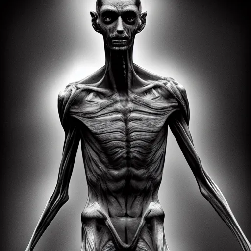 Image similar to photorealistic detailed tall skinny humanoid creature, extremly detailed, black and white, 8 k, realistic, sharp focus, cosmic horror creature, cosmic horror