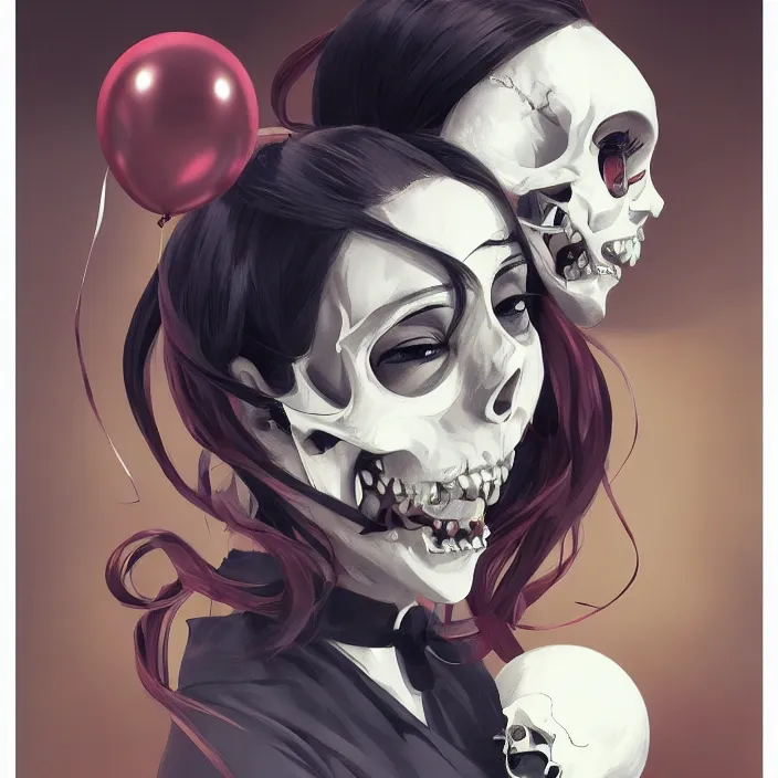 Image similar to anime skull portrait woman, balloons, mucha, hard shadows and strong rim light, art by jc leyendecker and atey ghailan and sachin teng