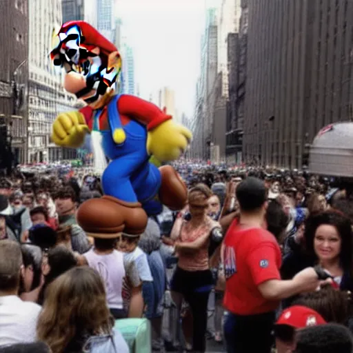 Image similar to supermario in NYC streets and crowded by people who waits for his autograph