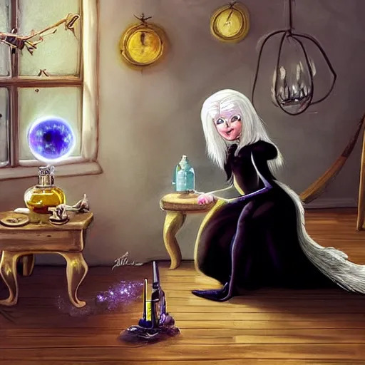 Image similar to a full body beautifull witch with white hair in an old room. A mistic cristal ball on a wood table with a potions and old instruments. A cat on the floor licking his paw. in a fantasy style paiting