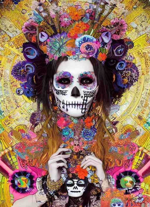 Prompt: cute punk goth fashion hippy fractal Día de los Muertos android girl wearing kimono made of circits posing by Zhang Jingna, psychedelic poster art of by Victor Moscoso Rick Griffin Alphonse Mucha Gustav Klimt Ayami Kojima Amano Charlie Bowater, masterpiece