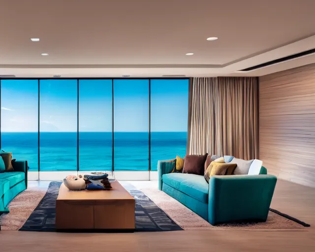 Image similar to A modern living room in a ocean hues style, ocean view, luxurious table, calm, relaxed style, harmony, wide angle shot, 8k resolution, professional lighting