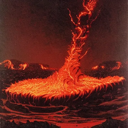 Image similar to nightmarish mutated creatures surrounding magical cursed shimmering lava in an awful hell, by caravaggio