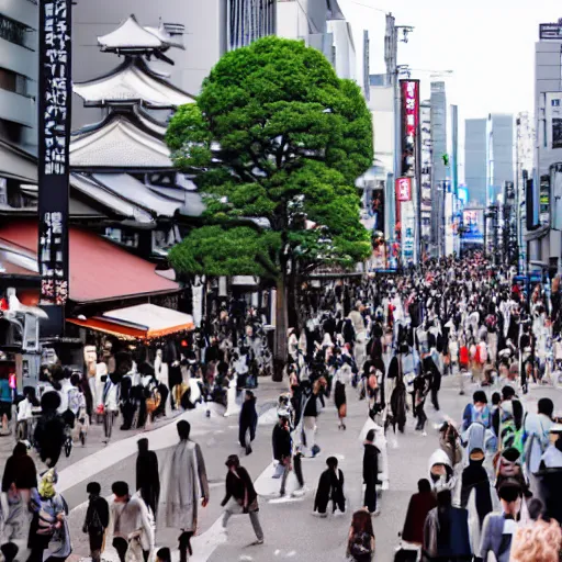 Image similar to street of tokyo with crowd statues of people