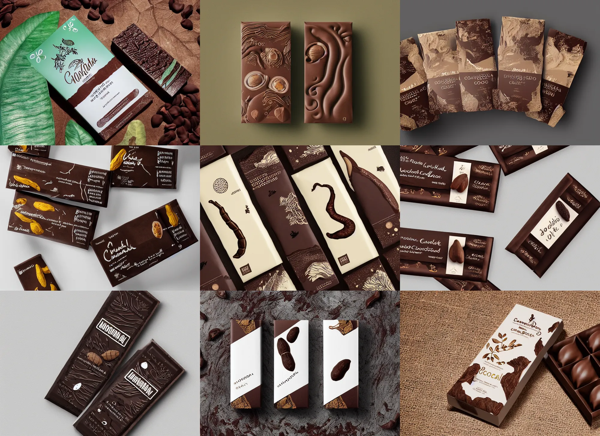 Prompt: conceptual chocolate bar packaging, inspired by moonlit socotra island, cacao pods growing on dragon trees, label design, behance, packaging of the world, award, front label, packaging design, craft