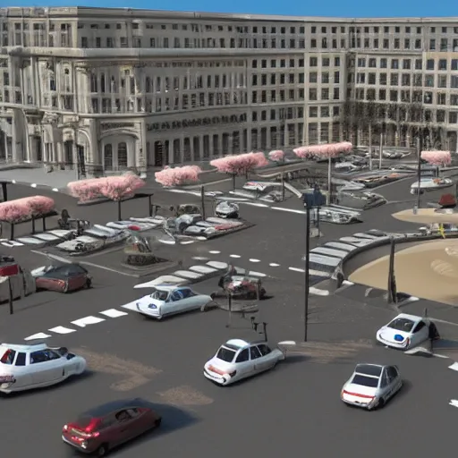 Image similar to a late 9 0 s 3 d render of a french city with sedans and coupes, businesses and people.