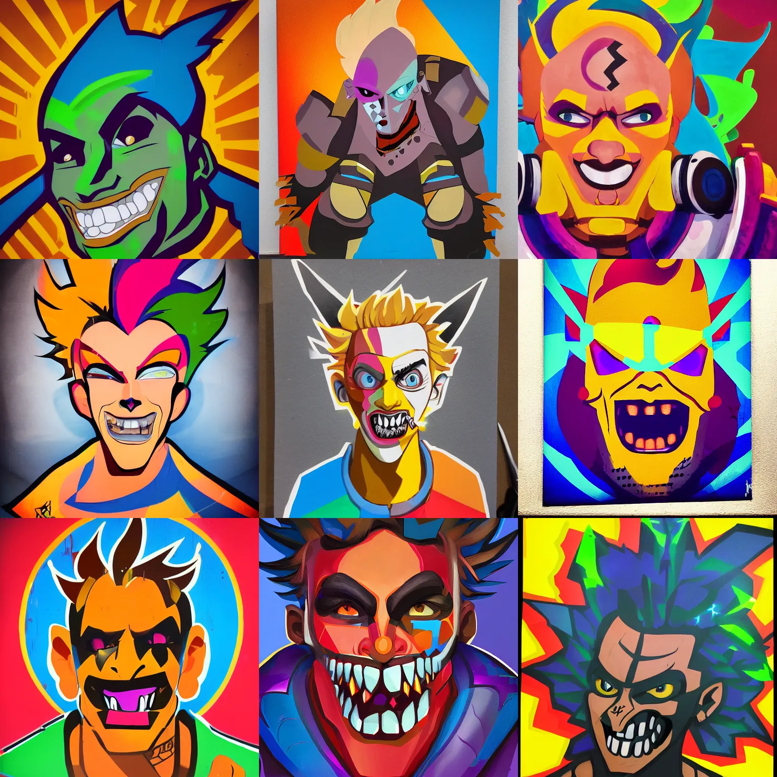 Prompt: A portrait of Junkrat, Overwatch, geometric shapes, rounded corners, vibrant colors, spray paint